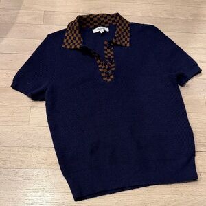Madewell Navy Polo with Brown Checkered Collar